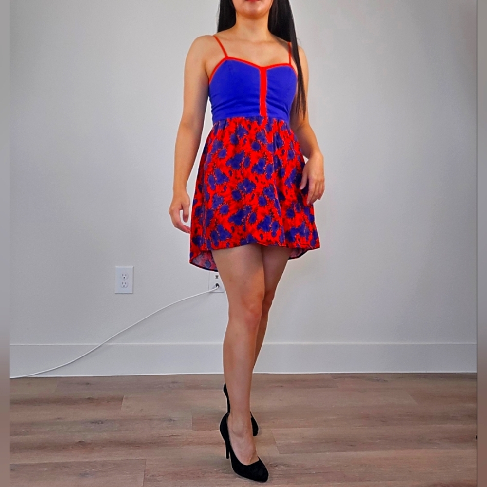 COPE Urban Outfitters Navy Blue & Coral Floral Linen Blend Bustier Dress - Small